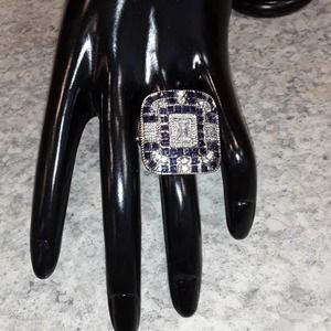 Emerald Cut Ring Sz 9 Crystal & Sapphire Cocktail Ring NIB